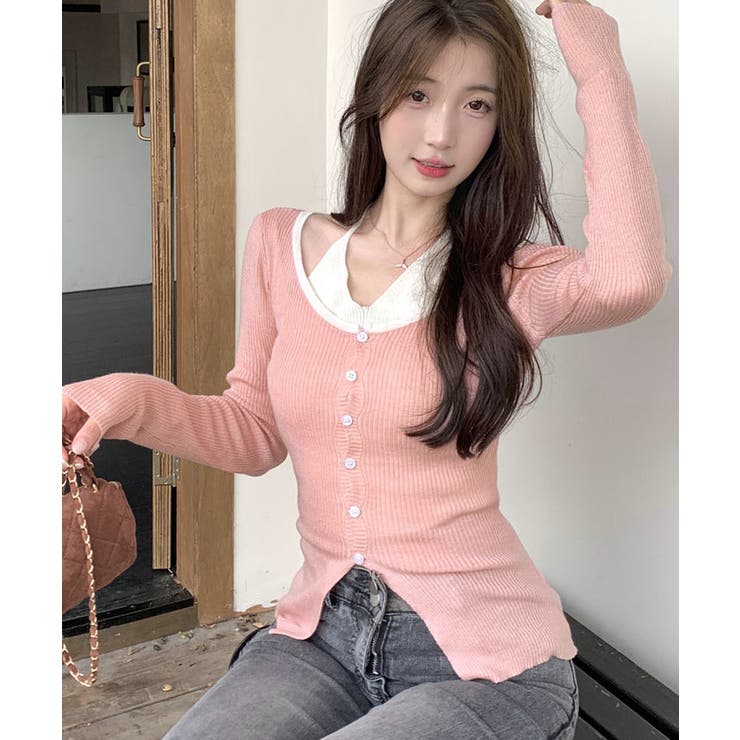 レイヤード風リブニットカーディガン トップス アンサンブル風 | kirakiraShop  | 詳細画像16 