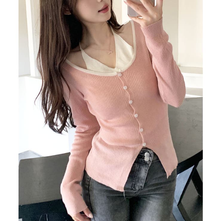 レイヤード風リブニットカーディガン トップス アンサンブル風 | kirakiraShop  | 詳細画像17 