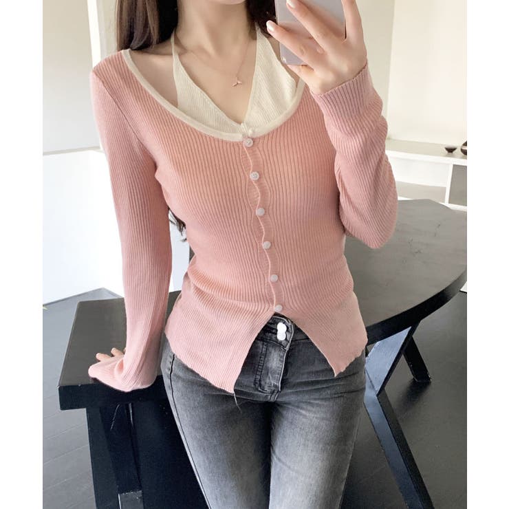 レイヤード風リブニットカーディガン トップス アンサンブル風 | kirakiraShop  | 詳細画像18 