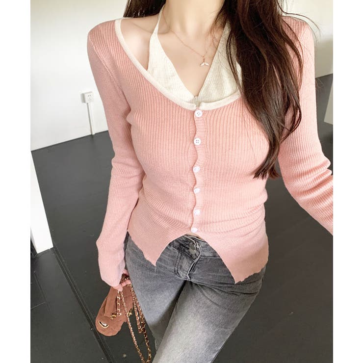 レイヤード風リブニットカーディガン トップス アンサンブル風 | kirakiraShop  | 詳細画像19 