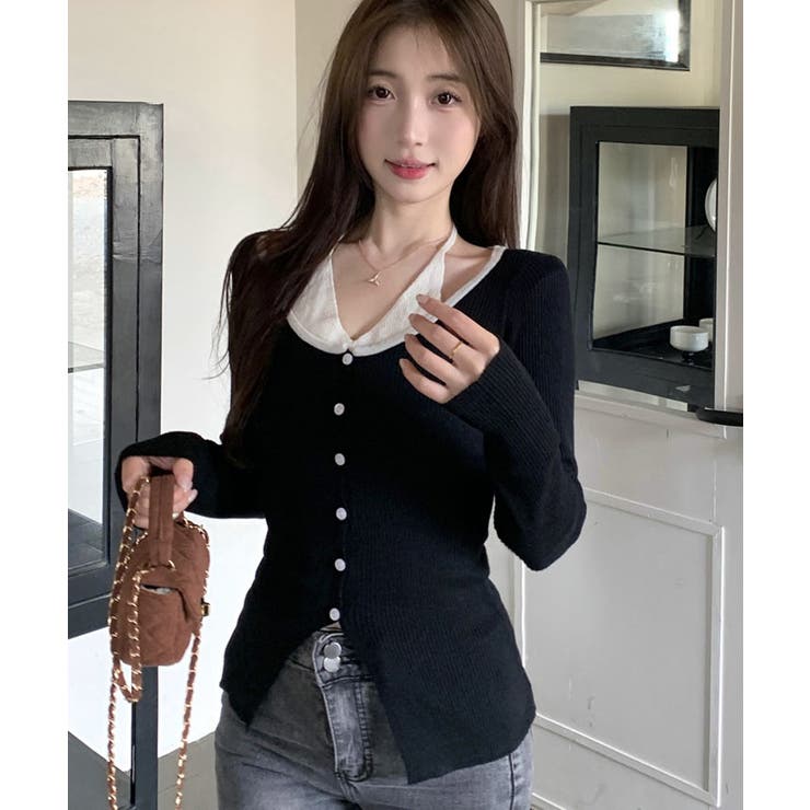 レイヤード風リブニットカーディガン トップス アンサンブル風 | kirakiraShop  | 詳細画像3 