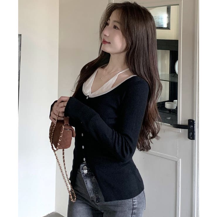 レイヤード風リブニットカーディガン トップス アンサンブル風 | kirakiraShop  | 詳細画像4 