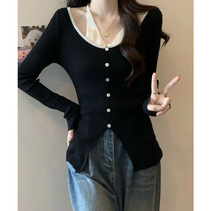 レイヤード風リブニットカーディガン トップス アンサンブル風 | kirakiraShop  | 詳細画像9 