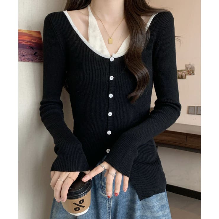 レイヤード風リブニットカーディガン トップス アンサンブル風 | kirakiraShop  | 詳細画像10 