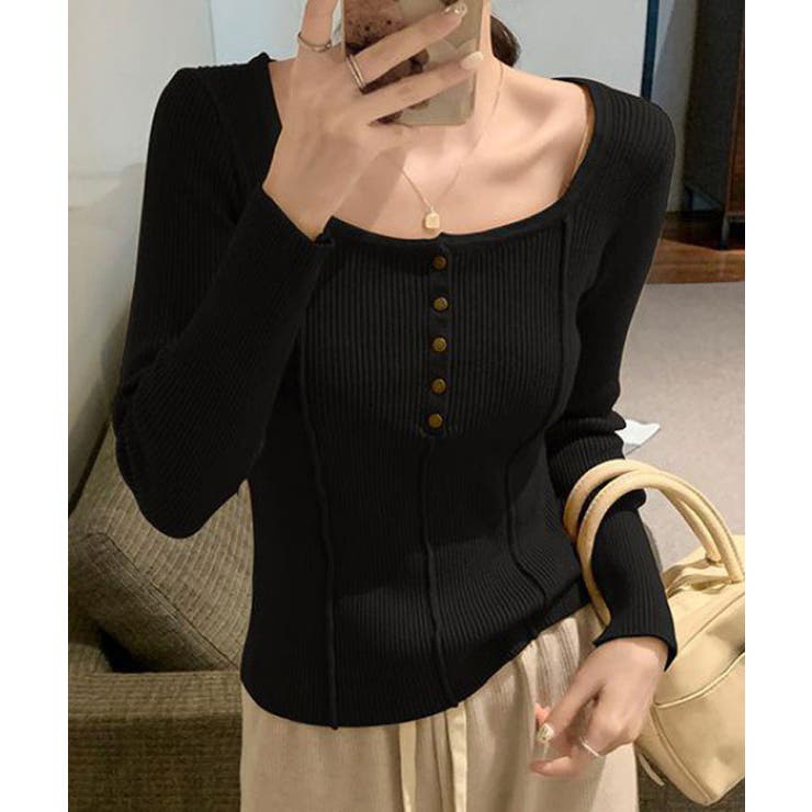 ブラック | ラウンドネックコンパクトリブニットトップス トップス ニットソー | kirakiraShop 