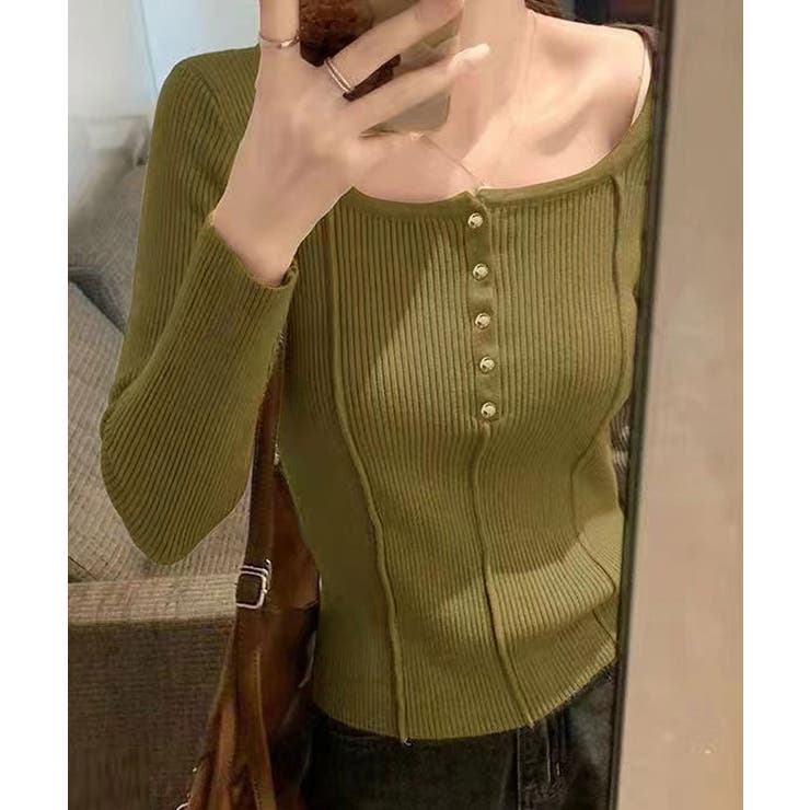 カーキ | ラウンドネックコンパクトリブニットトップス トップス ニットソー | kirakiraShop 