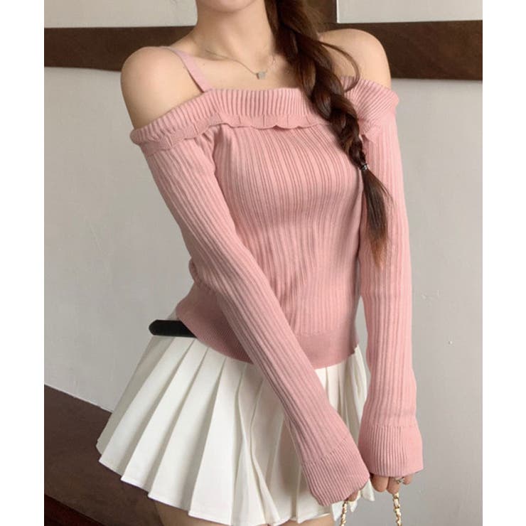 ピンク | ストラップオフショルダーリブニットトップス トップス ニットソー | kirakiraShop 