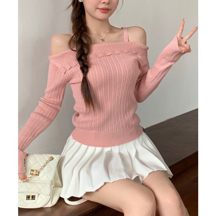 ストラップオフショルダーリブニットトップス トップス ニットソー | kirakiraShop  | 詳細画像12 