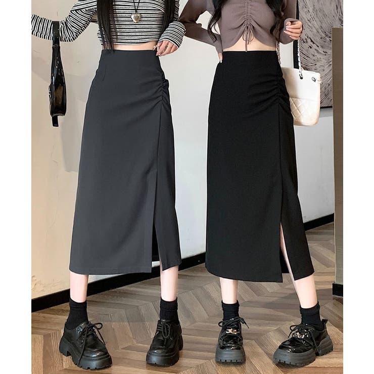 レザースカート ハイウエスト Aライン スリット ミモレ丈 上品 3 スリットギャザーハイウエストミモレ丈スカート 3サイズ ロング