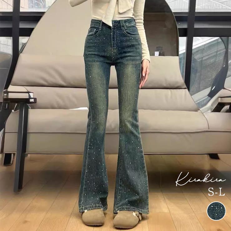 ラインストーンブーツカットデニム ボトムス デニムパンツ[品番 