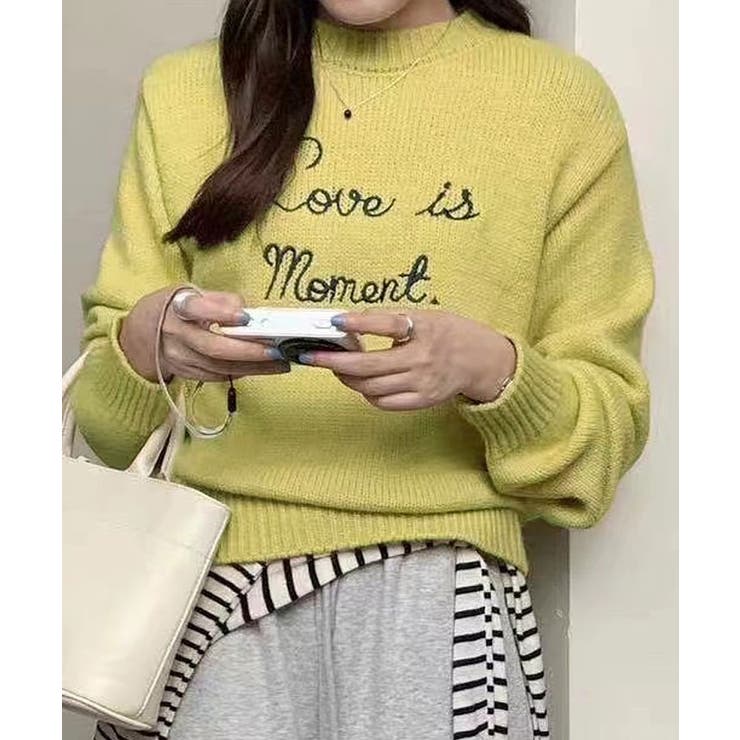 イエロー | メッセージ刺繍ニットプルオーバー トップス ニット | kirakiraShop 
