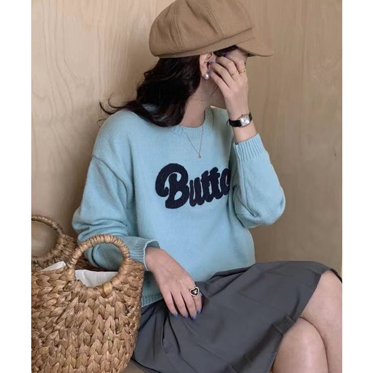 ラウンジドレス　ロゴハンドニット　ネイビー Loungedress - 新品タグ付 ラウンジドレス SARTRE ロゴ刺繍 ニット