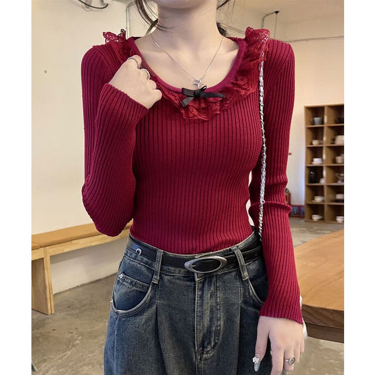 レッド | レースフリルリブニットトップス トップス ニットソー | kirakiraShop 