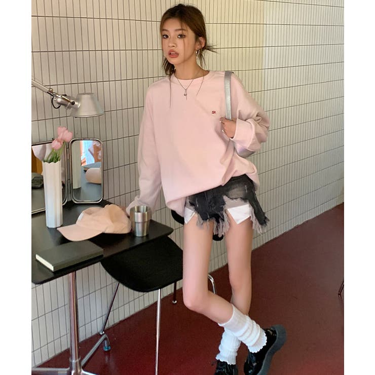 ワンポイントピンクニットトップス 1色 ニット[品番：IK000007892