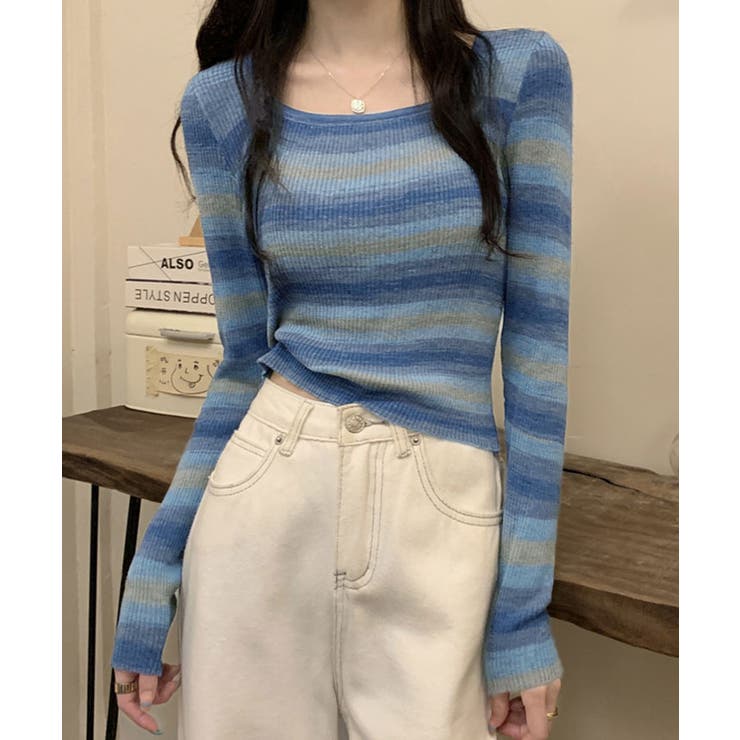Uネックミックスカラーボーダーニットトップス トップス ニット