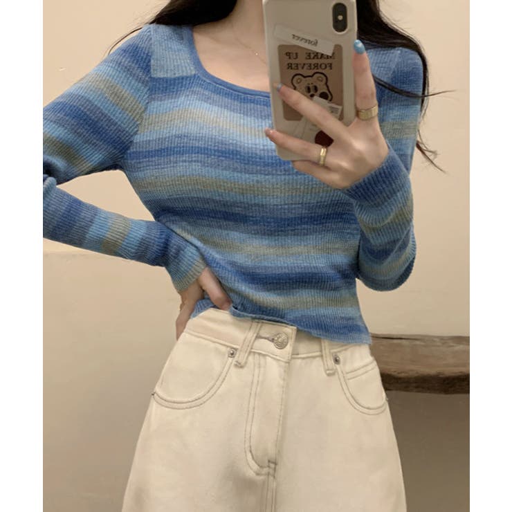 Uネックミックスカラーボーダーニットトップス トップス ニット | kirakiraShop  | 詳細画像5 