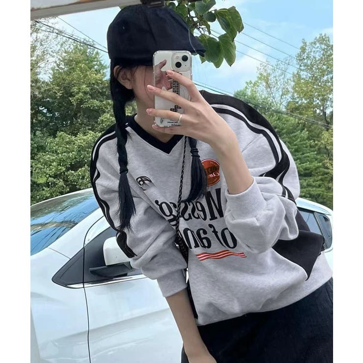 ゲーミングVネックスウェットロングTシャツ ユニセックス ロゴ