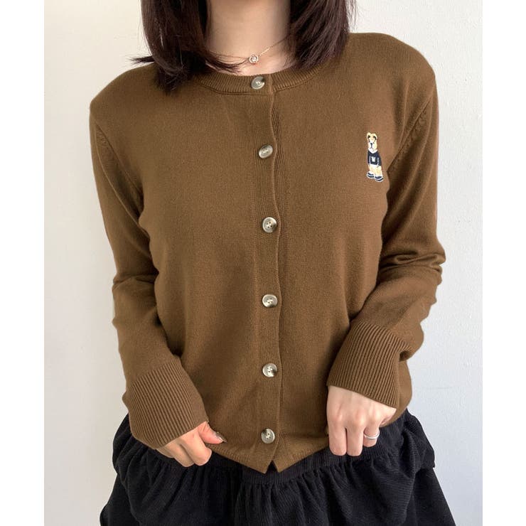 ベア刺繍シンプルニットカーディガン トップス カーディガン