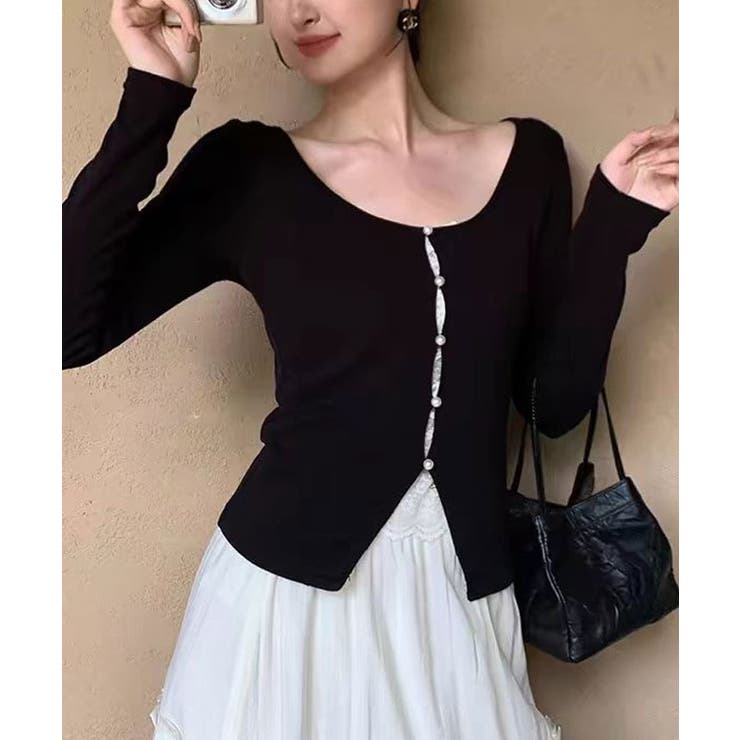 ブラック | パールボタンレイヤード風ドッキングニットソー ニットトップス ニットソー | kirakiraShop 