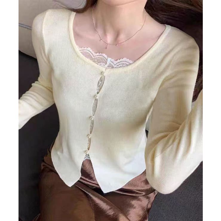 ホワイト | パールボタンレイヤード風ドッキングニットソー ニットトップス ニットソー | kirakiraShop 