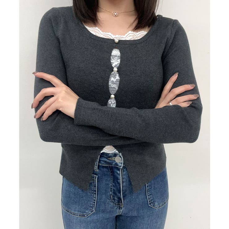 チャコール | パールボタンレイヤード風ドッキングニットソー ニットトップス ニットソー | kirakiraShop 