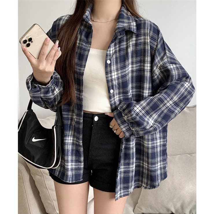 ネイビー | フライスチェックシャツブラウス トップス ブラウス | kirakiraShop 