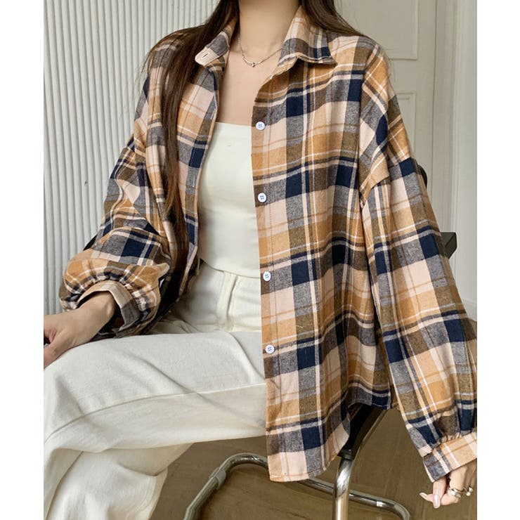 フライスチェックシャツブラウス トップス ブラウス[品番：IK000007923