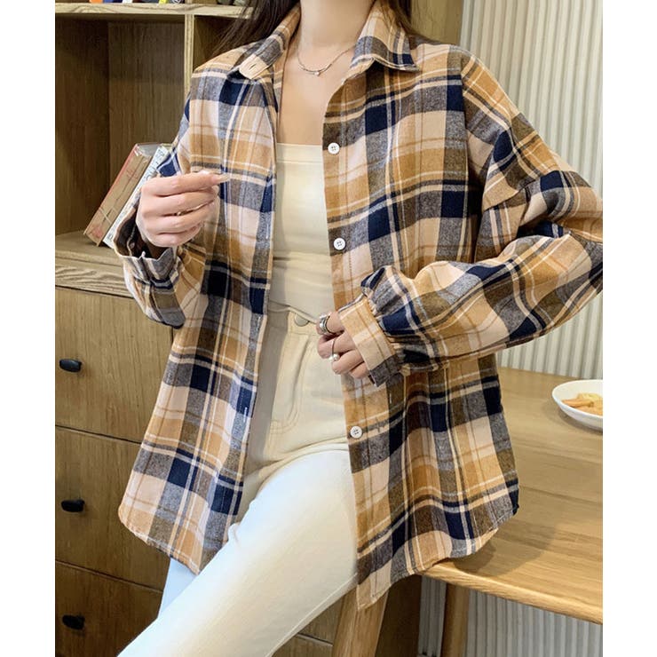 フライスチェックシャツブラウス トップス ブラウス[品番：IK000007923