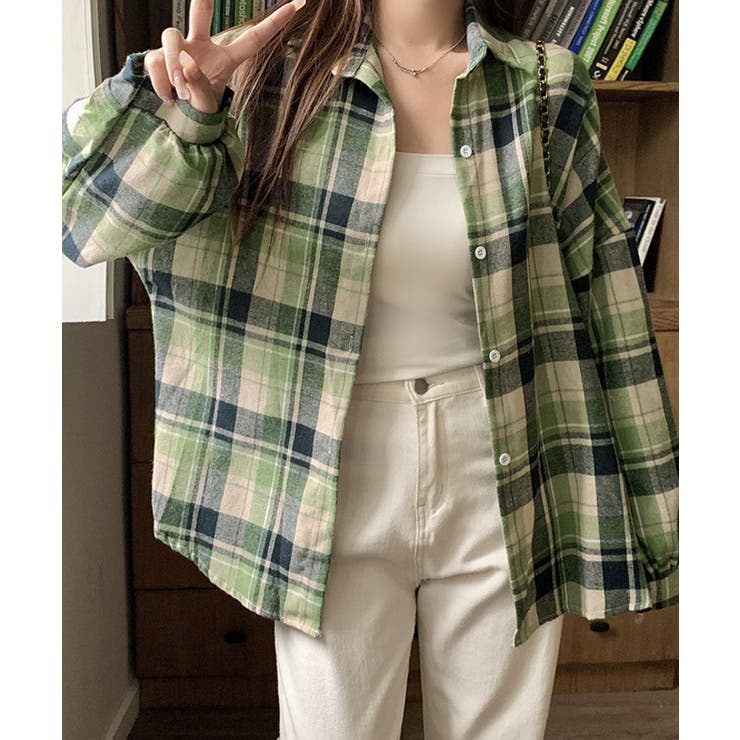 フライスチェックシャツブラウス トップス ブラウス[品番：IK000007923