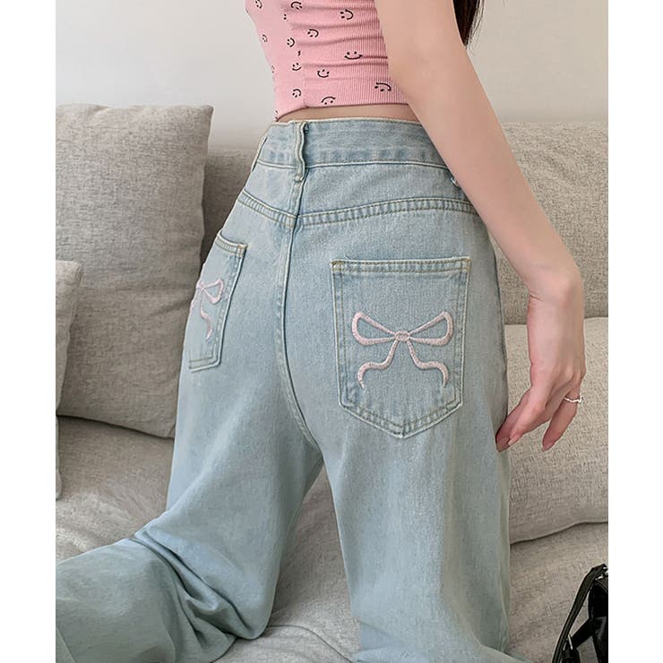 リボン刺繍ハイウエストライトブルーデニム ボトムス デニム | kirakiraShop  | 詳細画像9 