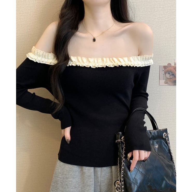 フリルショルダーショートニットトップス トップス ニット | kirakiraShop  | 詳細画像2 