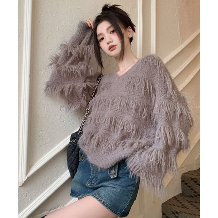 【12月スーパーSALE 15%OFF】 ループヤーンシャギーVネックニットトップス ニット トップス トップス