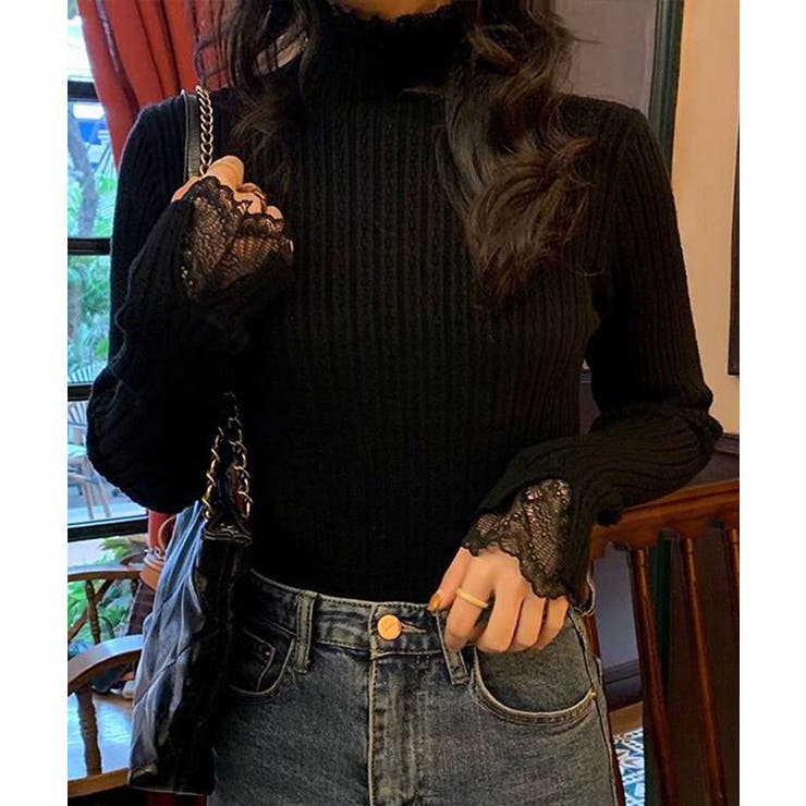 ブラック | レース付きロングスリーブリブニットトップス トップス リブニット | kirakiraShop 
