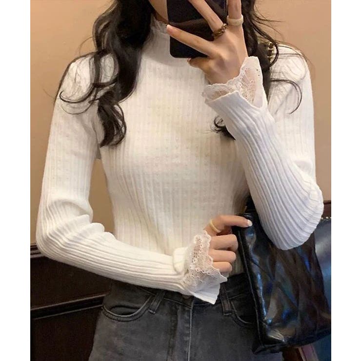 レース付きロングスリーブリブニットトップス トップス