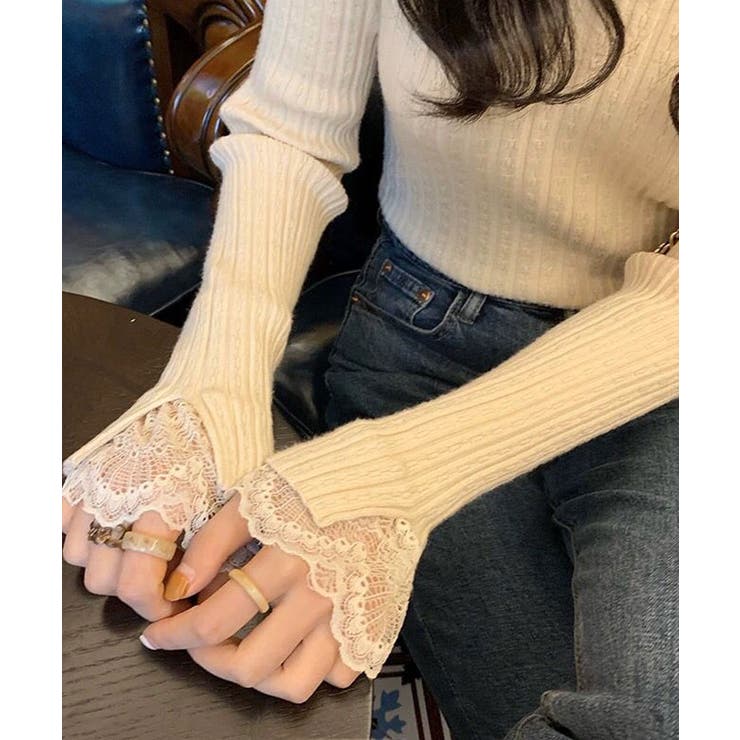 レース付きロングスリーブリブニットトップス トップス リブニット | kirakiraShop  | 詳細画像8 