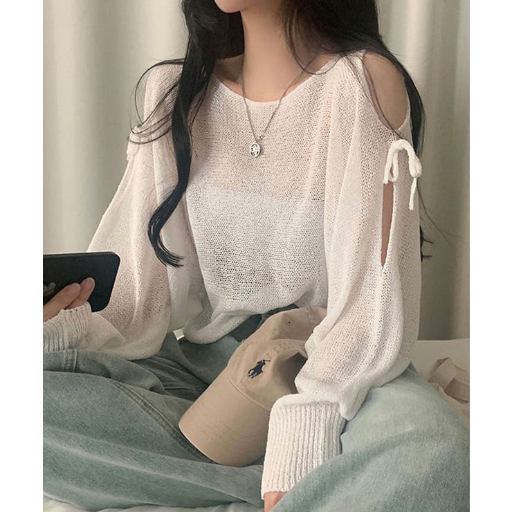 ホワイト | リボンドロップショルダーシースルーニット トップス 長袖 | kirakiraShop 