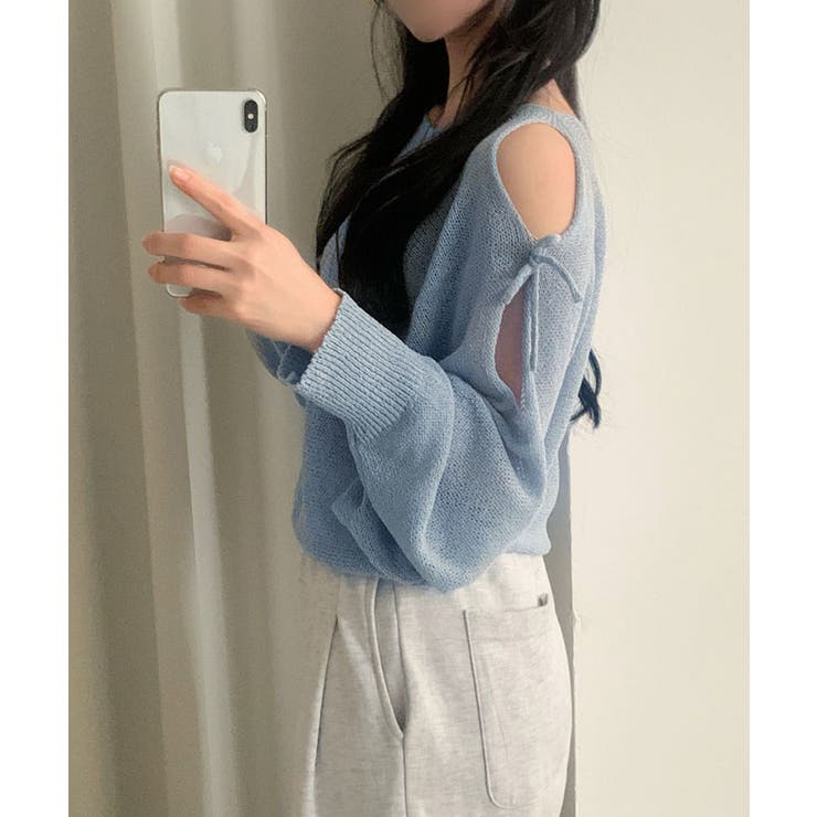 リボンドロップショルダーシースルーニット トップス 長袖 | kirakiraShop  | 詳細画像11 