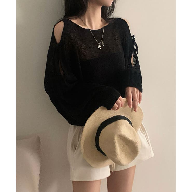 リボンドロップショルダーシースルーニット トップス 長袖 | kirakiraShop  | 詳細画像4 