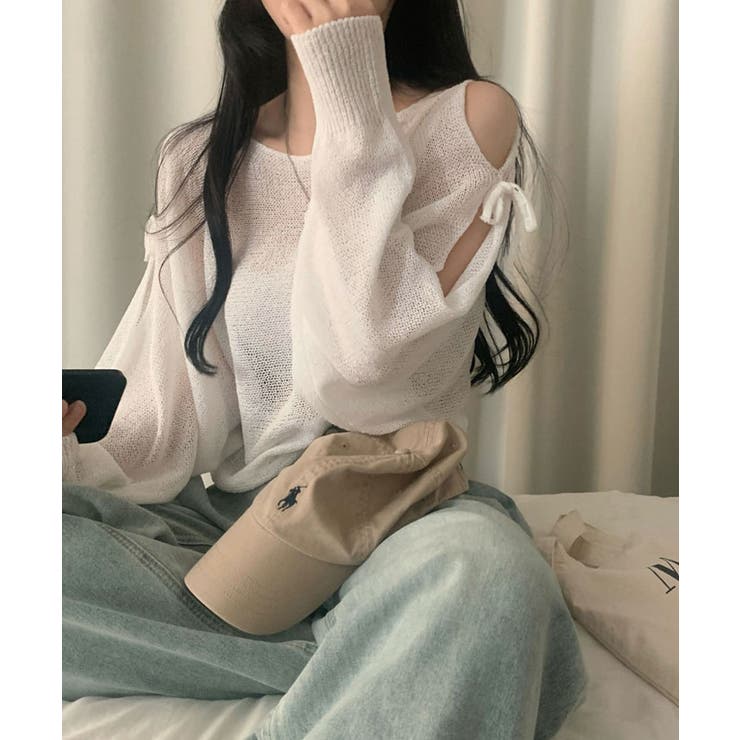リボンドロップショルダーシースルーニット トップス 長袖 | kirakiraShop  | 詳細画像5 