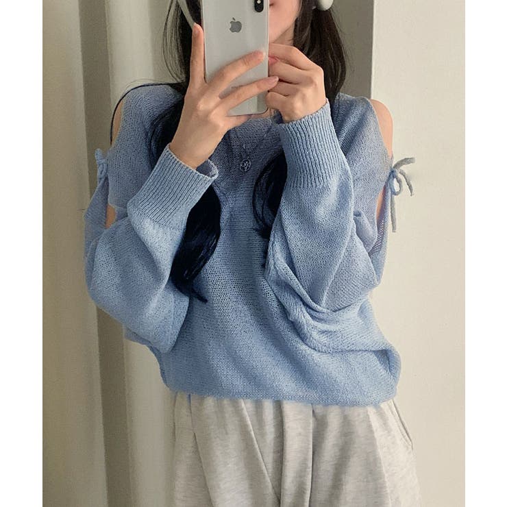 リボンドロップショルダーシースルーニット トップス 長袖 | kirakiraShop  | 詳細画像10 