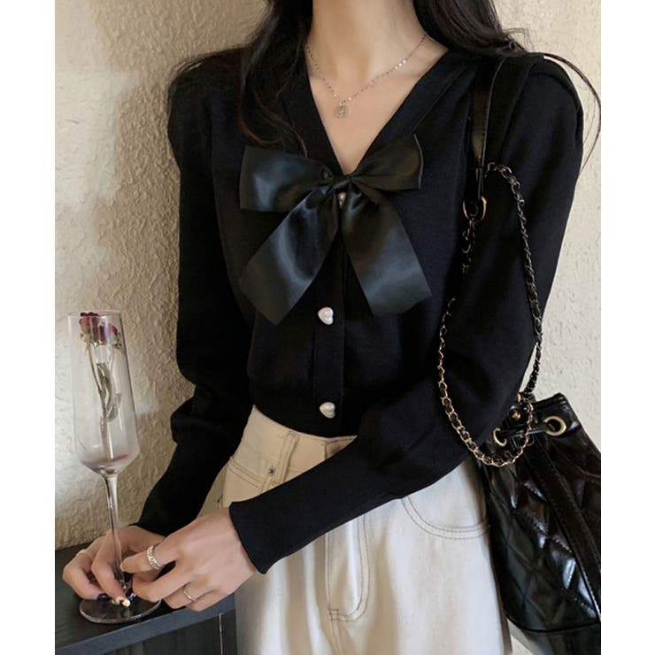 ブラック | ハートボタンリボン付きニットカーディガン トップス カーディガン | kirakiraShop 