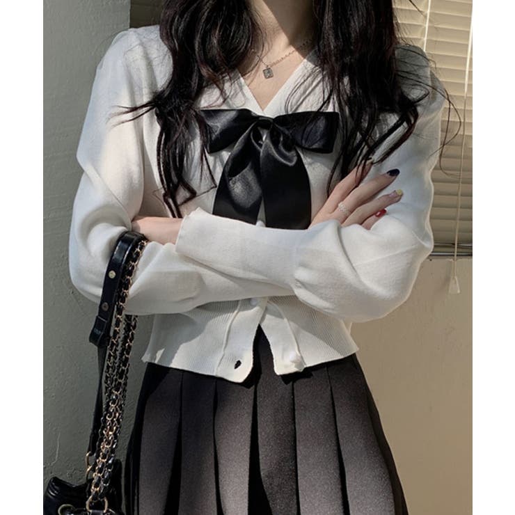 ホワイト | ハートボタンリボン付きニットカーディガン トップス カーディガン | kirakiraShop 