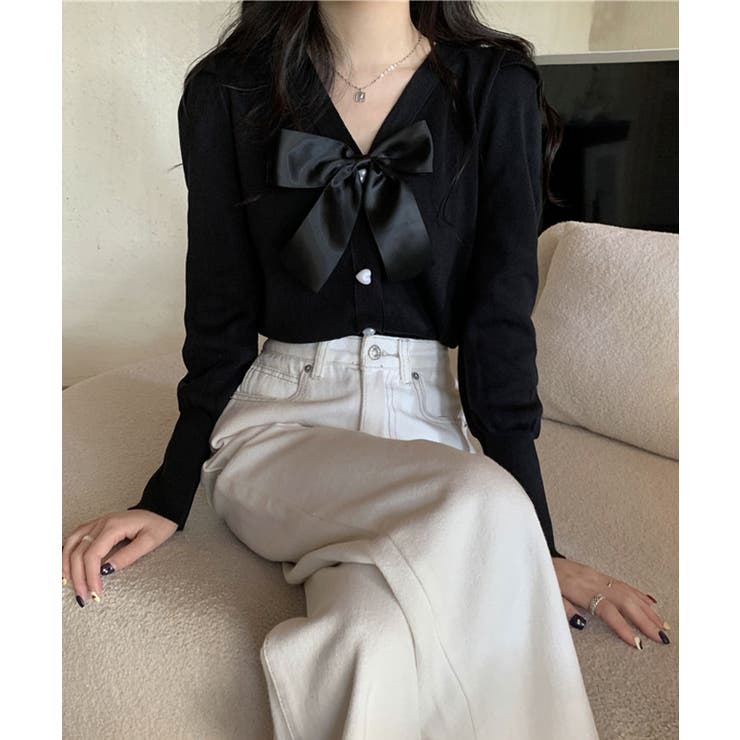 ハートボタンリボン付きニットカーディガン トップス カーディガン | kirakiraShop  | 詳細画像2 