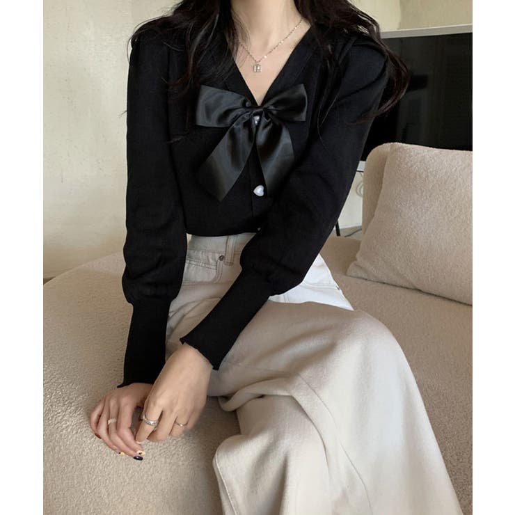 ハートボタンリボン付きニットカーディガン トップス カーディガン | kirakiraShop  | 詳細画像5 