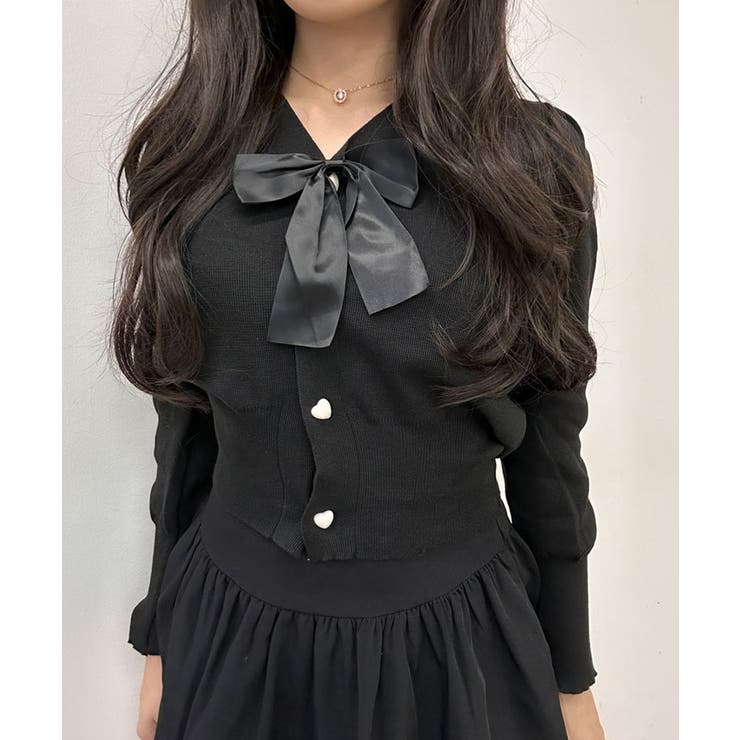 ハートボタンリボン付きニットカーディガン トップス