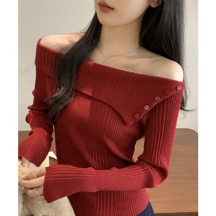 ボタンアクセントオフショルニットトップス トップス リブニット | kirakiraShop  | 詳細画像26 