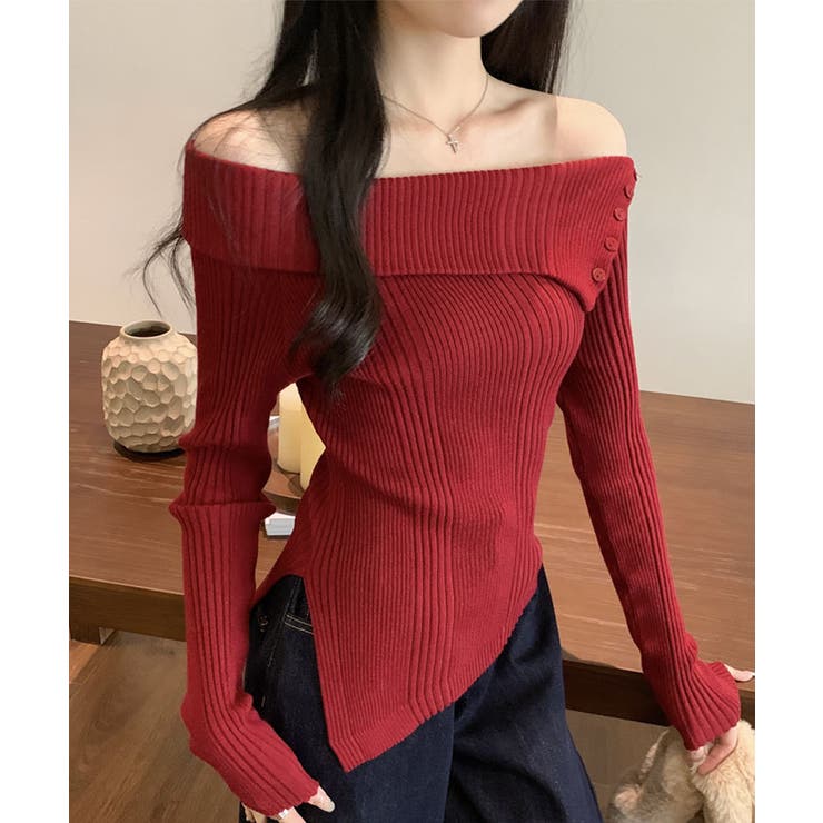 ボタンアクセントオフショルニットトップス トップス リブニット | kirakiraShop  | 詳細画像28 