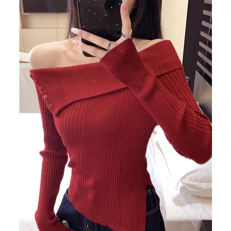 ボタンアクセントオフショルニットトップス トップス リブニット | kirakiraShop  | 詳細画像30 