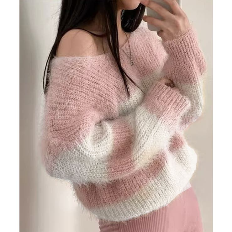 ピンク | Vネックモヘア風ボーダーニットトップス トップス ニット | kirakiraShop 
