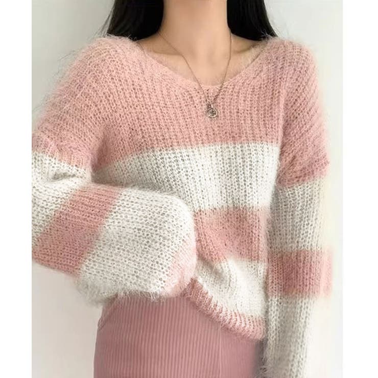 Vネックモヘア風ボーダーニットトップス トップス ニット | kirakiraShop  | 詳細画像16 